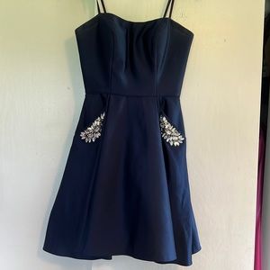 Worn once navy blue strapless jeweled pocket homecoming dress